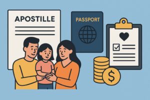 Illustration showing a family with a child beside an apostille document, a passport, a civil status form on a clipboard, and coins representing official processes.