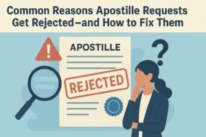 Illustration of an apostille document marked “Rejected,” with a magnifying glass, warning icon, and a thoughtful woman beside a large question mark.