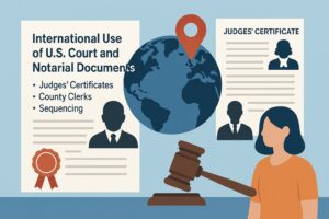 Illustration showing U.S. court and notarial documents, a globe with a location marker, a judge’s certificate, a gavel, and a woman reviewing paperwork.