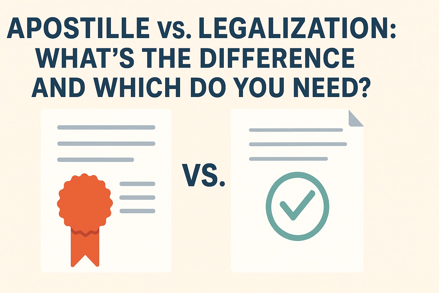 Illustration comparing two documents, one with a red apostille seal and the other with a green legalization checkmark, under a bold title header.