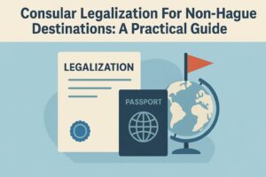 Illustration of a legalization document, a passport, and a globe with a red flag, representing consular legalization for non-Hague destinations.