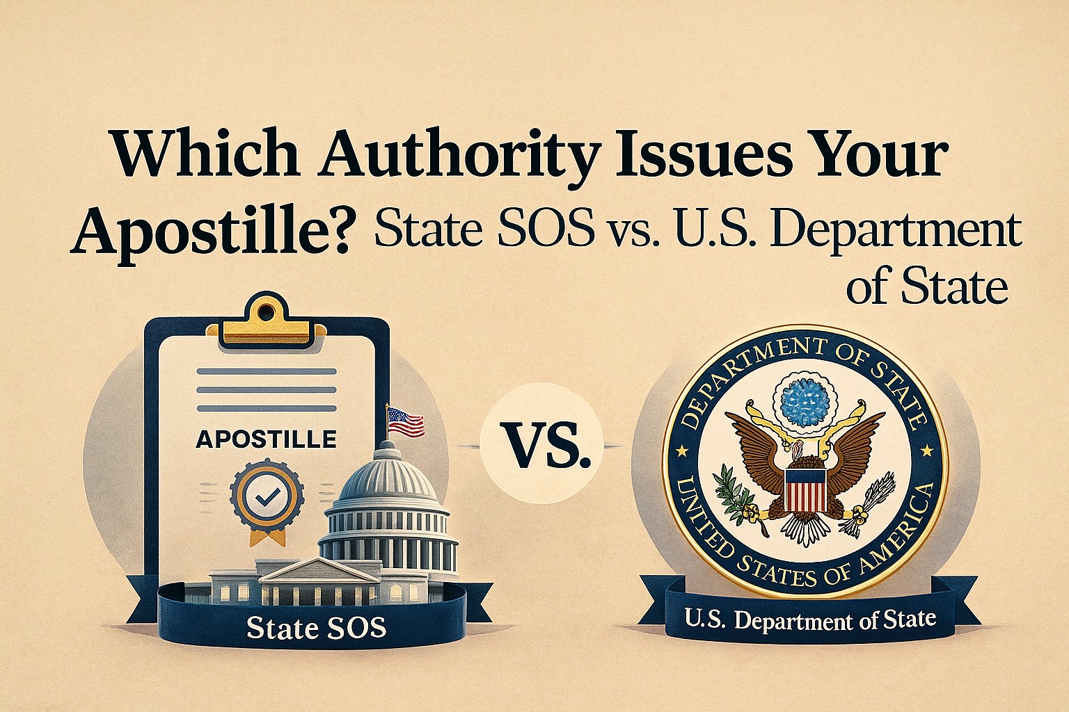 Cover image showing a comparison between a State Secretary of State apostille and a U.S. Department of State seal, with ‘Which Authority Issues Your Apostille?’ as the title.